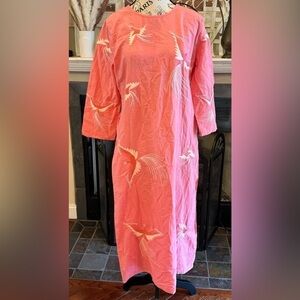 La Plage Lightweight Pink Coral Long Sleeve Maxi Dress Embroidered Birds XS